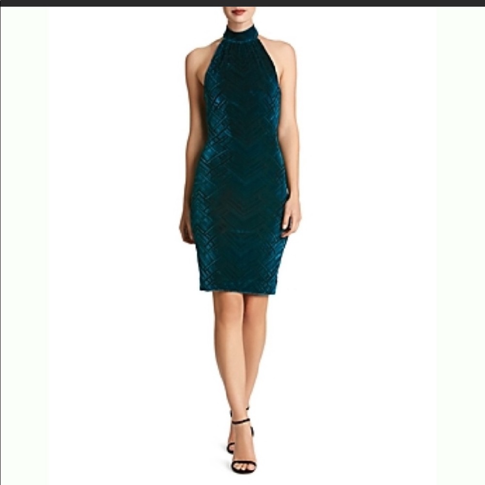 NWT Avery Velvet Halter Dress small Teal/Black